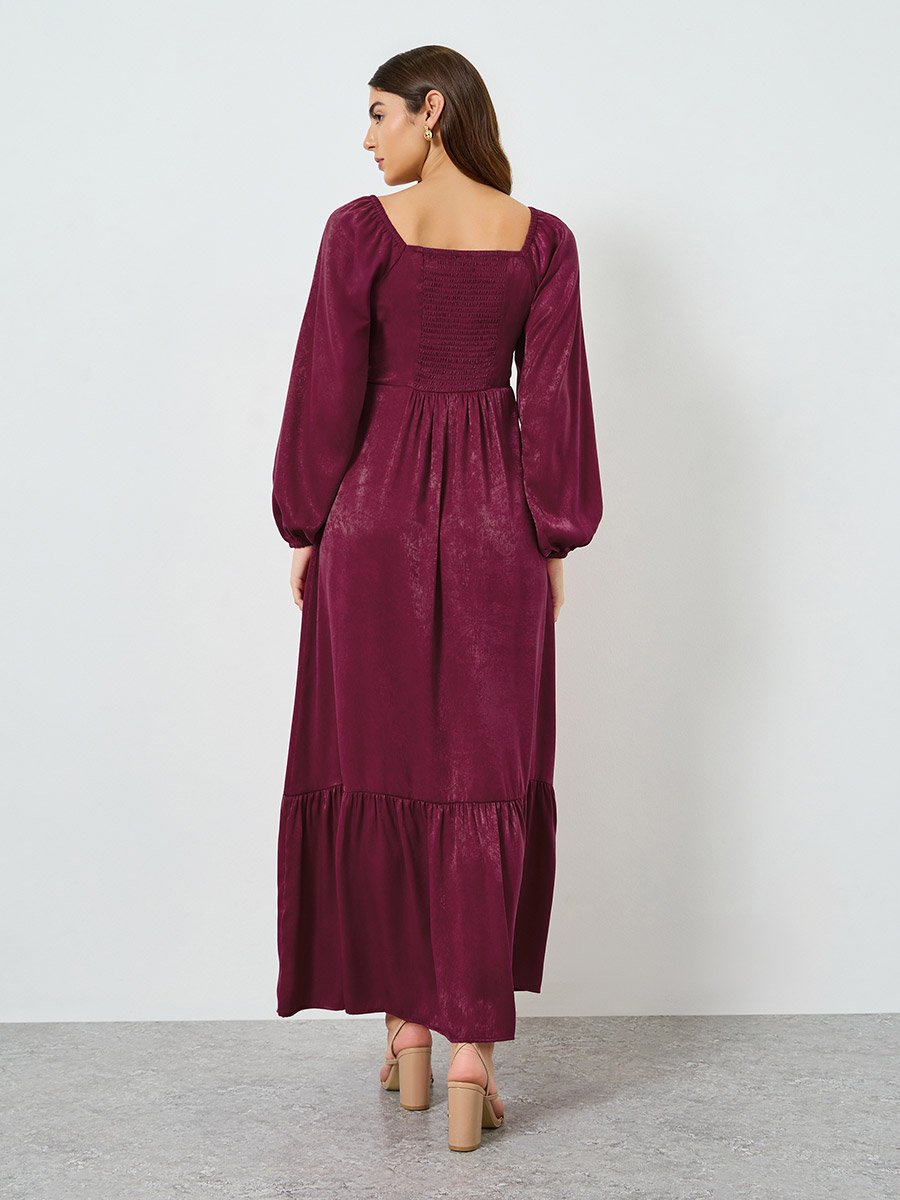 Burgundy Velvet Satin A-Line Maxi Dress 
