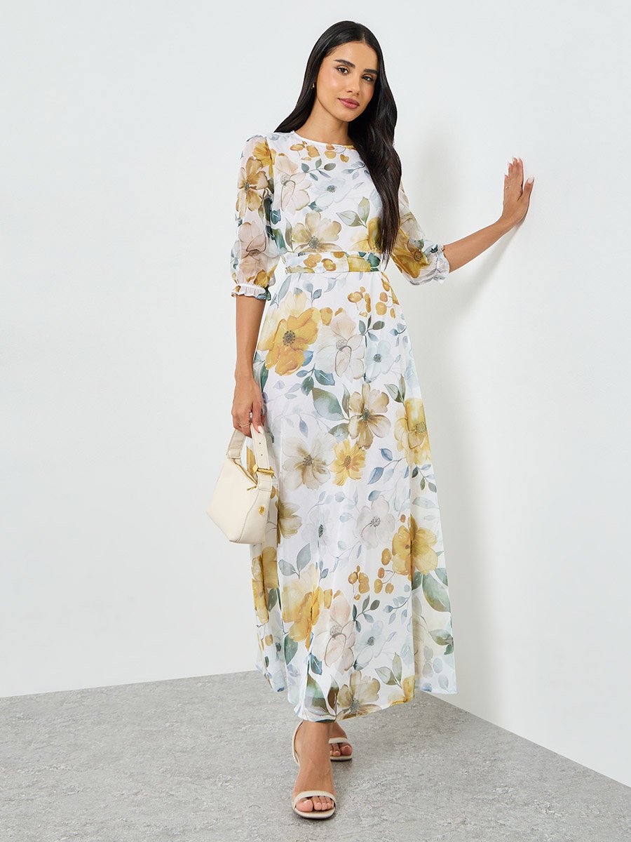 Floral Print Organza A-Line Maxi Dress