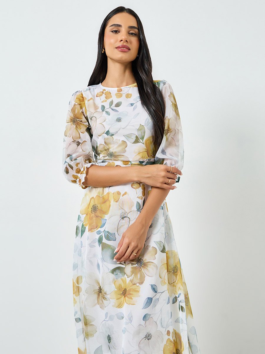 Floral Print Organza A-Line Maxi Dress