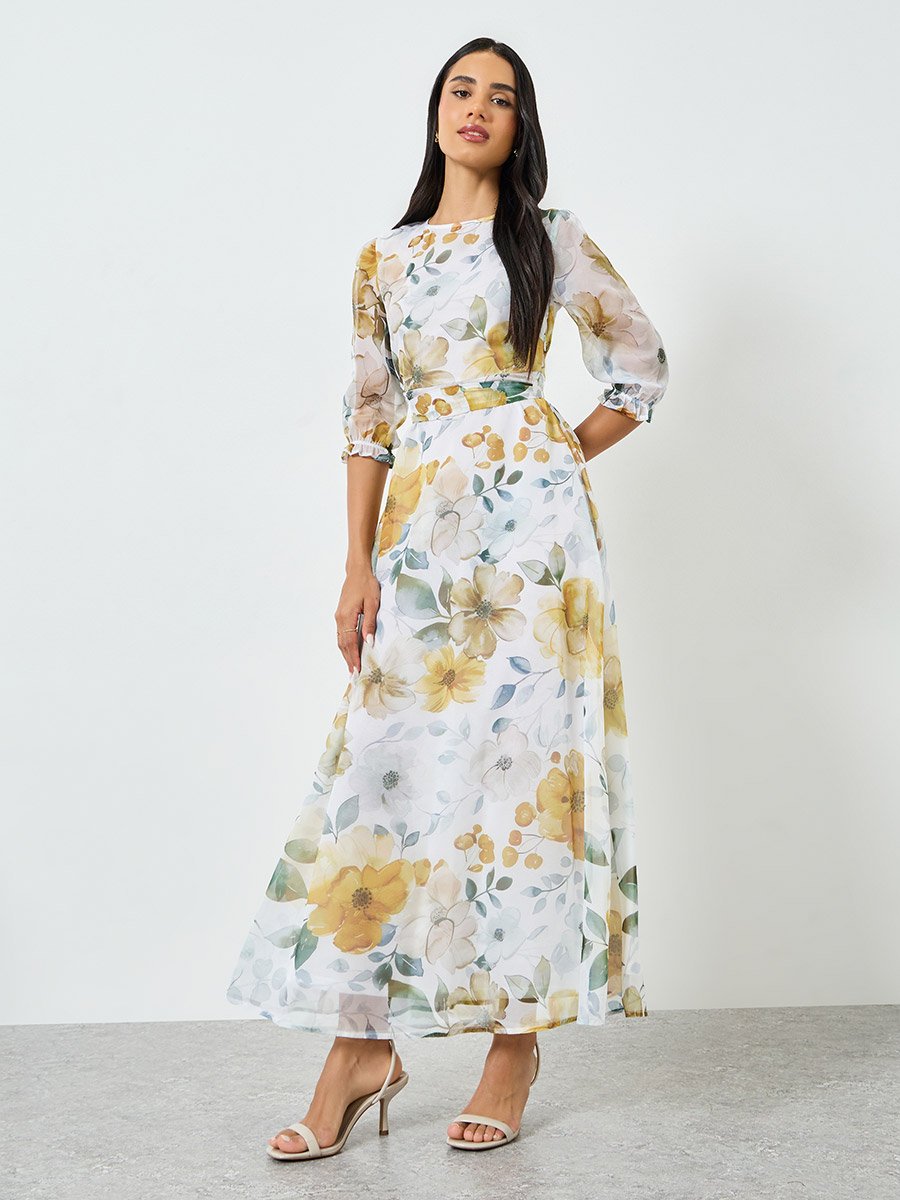 Floral Print Organza A-Line Maxi Dress