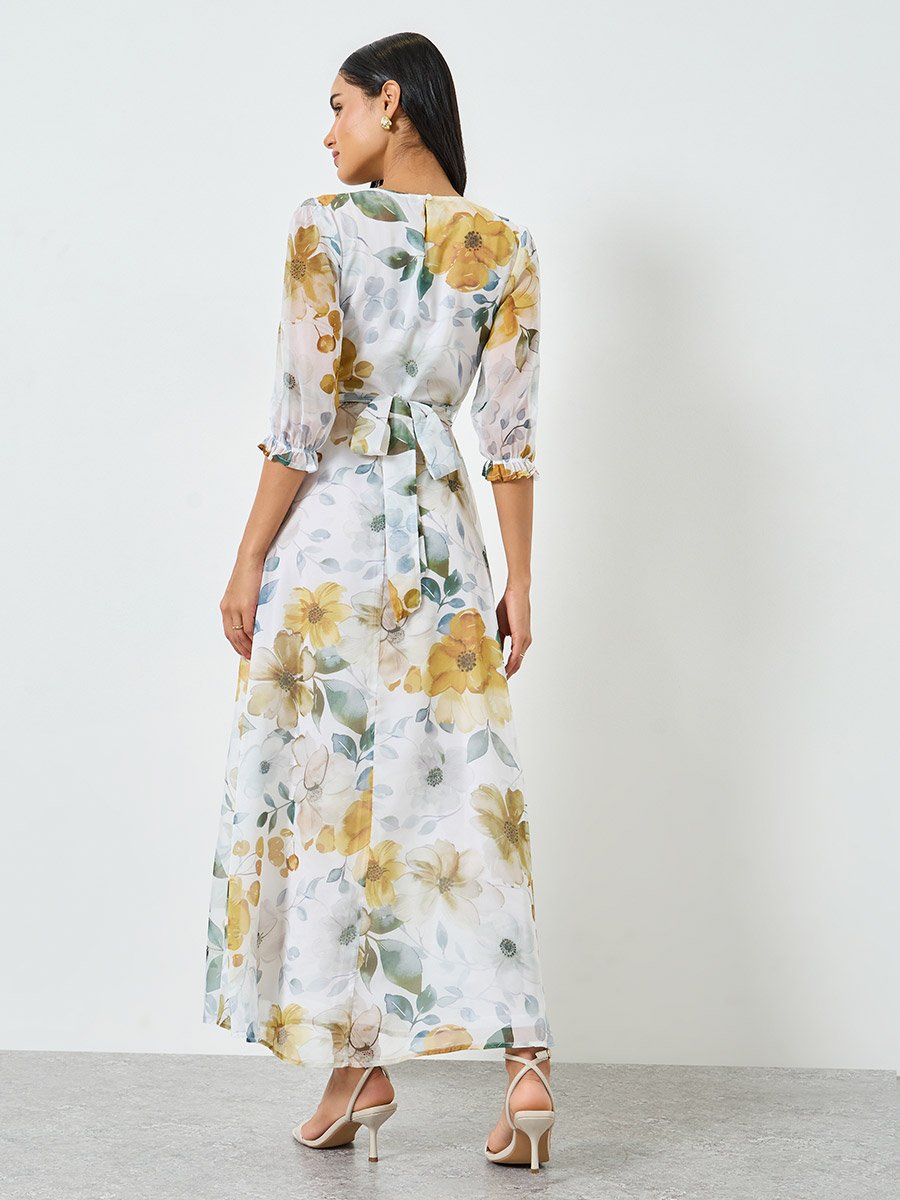 Floral Print Organza A-Line Maxi Dress