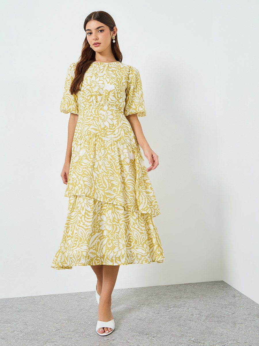 knee length dresses for ladies Women's to Be Fair Daffodil Yellow Blouson Sleeve Zip Up Midi Dress | Size: L main image 1