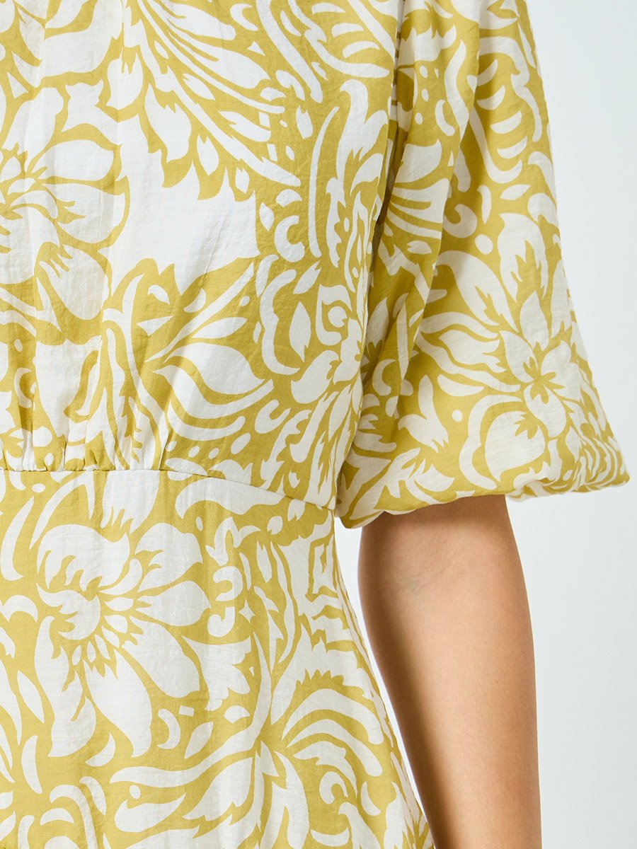 Women Yellow Floral Print Puff Sleeve Midi Dress