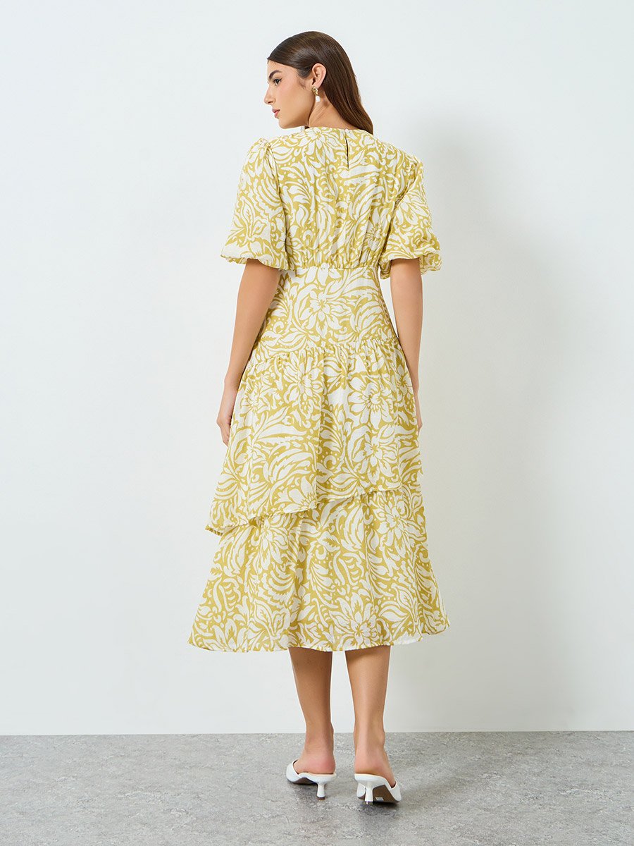 Women Yellow Floral Print Puff Sleeve Midi Dress