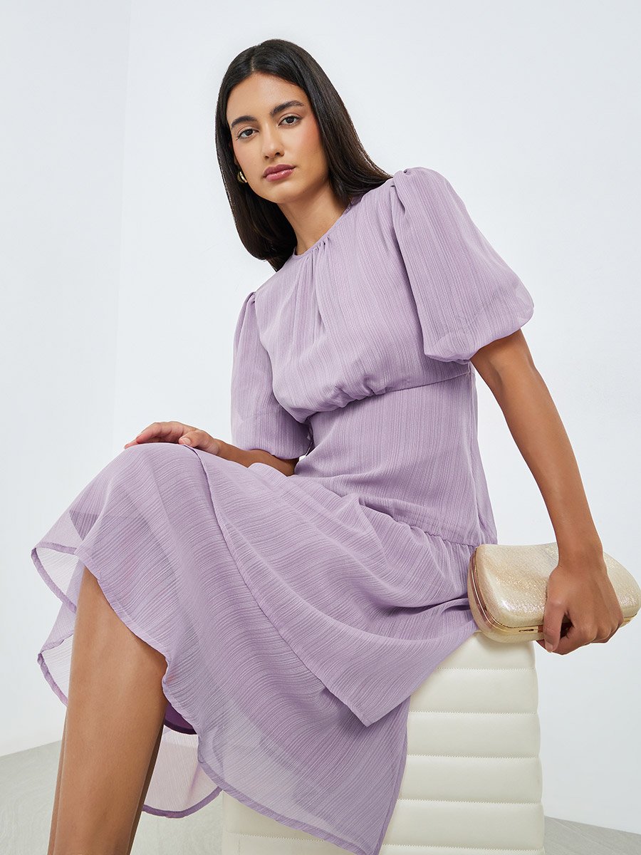 Lilac Puff Sleeve Tiered Midi Dress