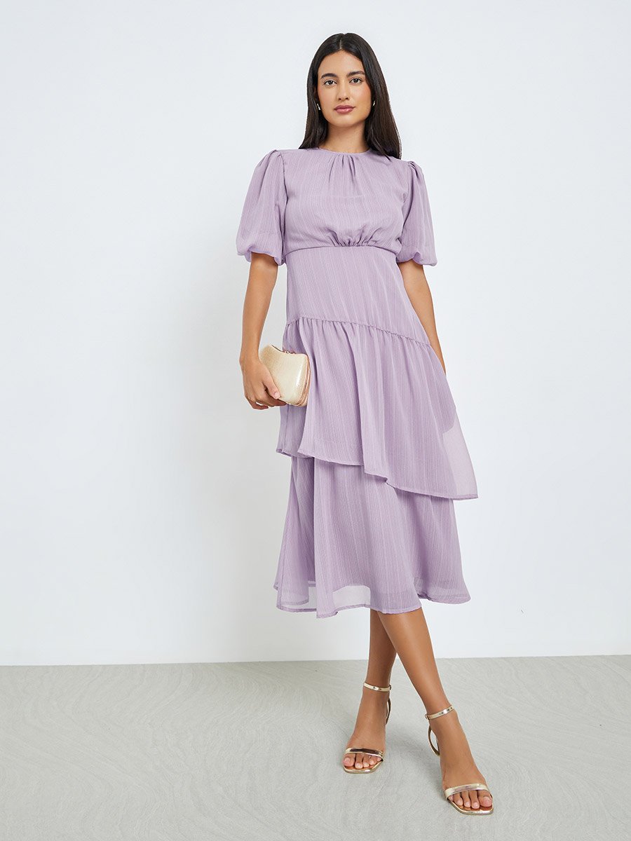 Lilac Puff Sleeve Tiered Midi Dress