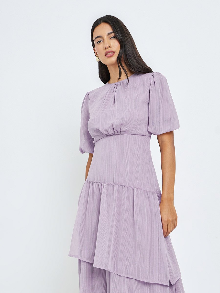 Lilac Puff Sleeve Tiered Midi Dress