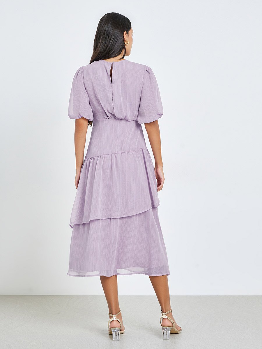 midi dress with sleeves pink SALMA Fluted Sleeve Micro Rose Button Midi Dress in Pink