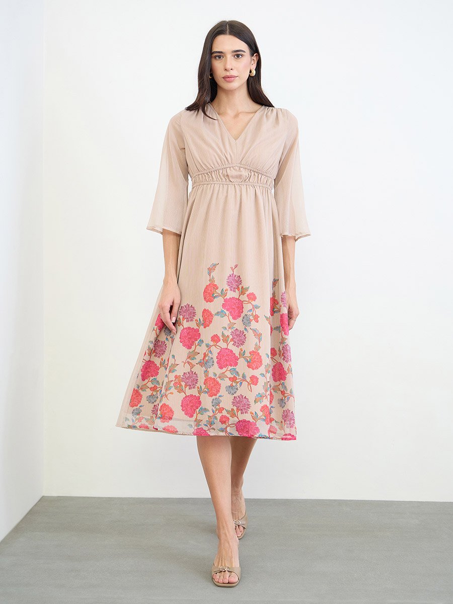 Beige Floral Midi Dress with 3/4 Sleeves