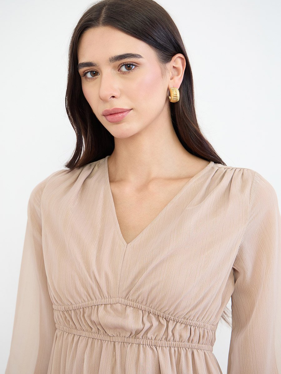 Beige Floral Midi Dress with 3/4 Sleeves