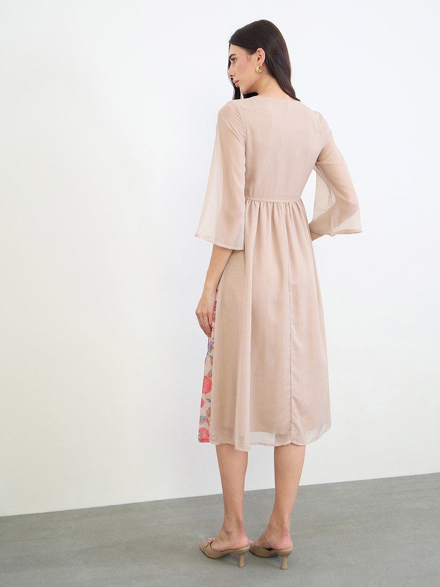 Beige Floral Midi Dress with 3/4 Sleeves