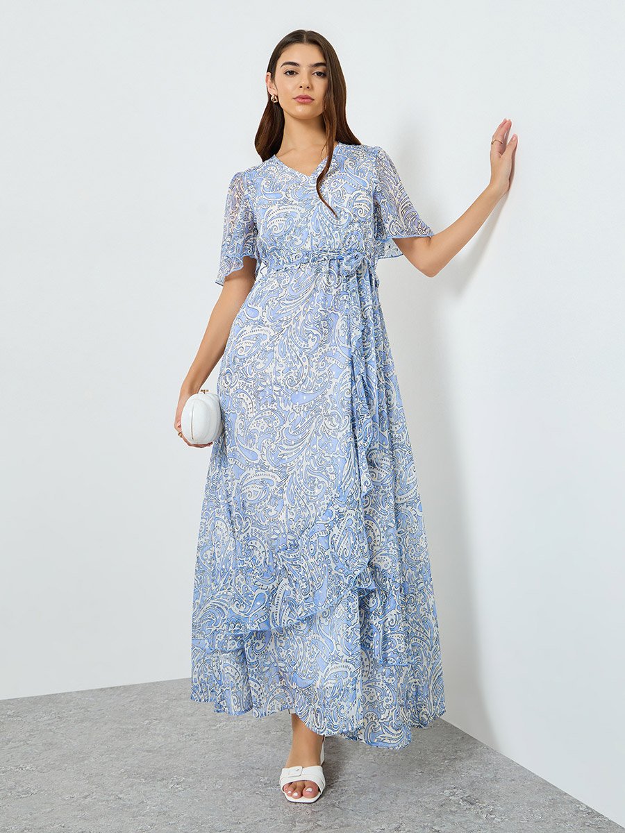 Women Blue Paisley Print Chiffon Wrap Maxi Dress For Women at Bahrain |  Styli