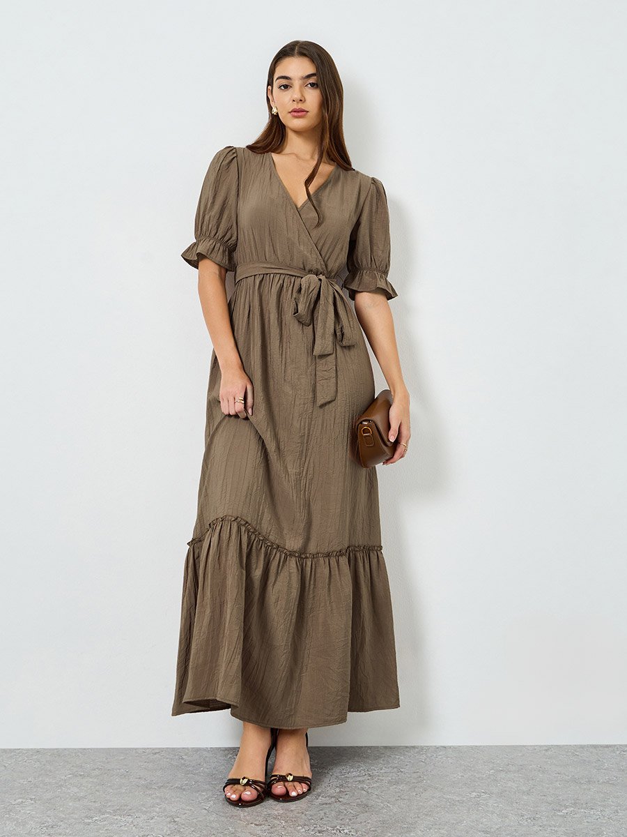 Women Brown Textured Tiered Maxi Dress 