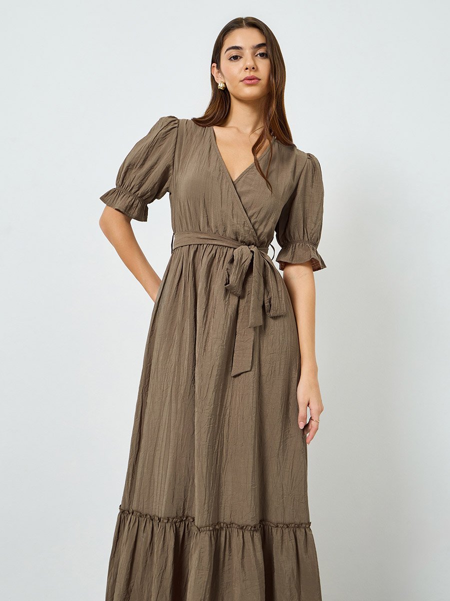 Women Brown Textured Tiered Maxi Dress 