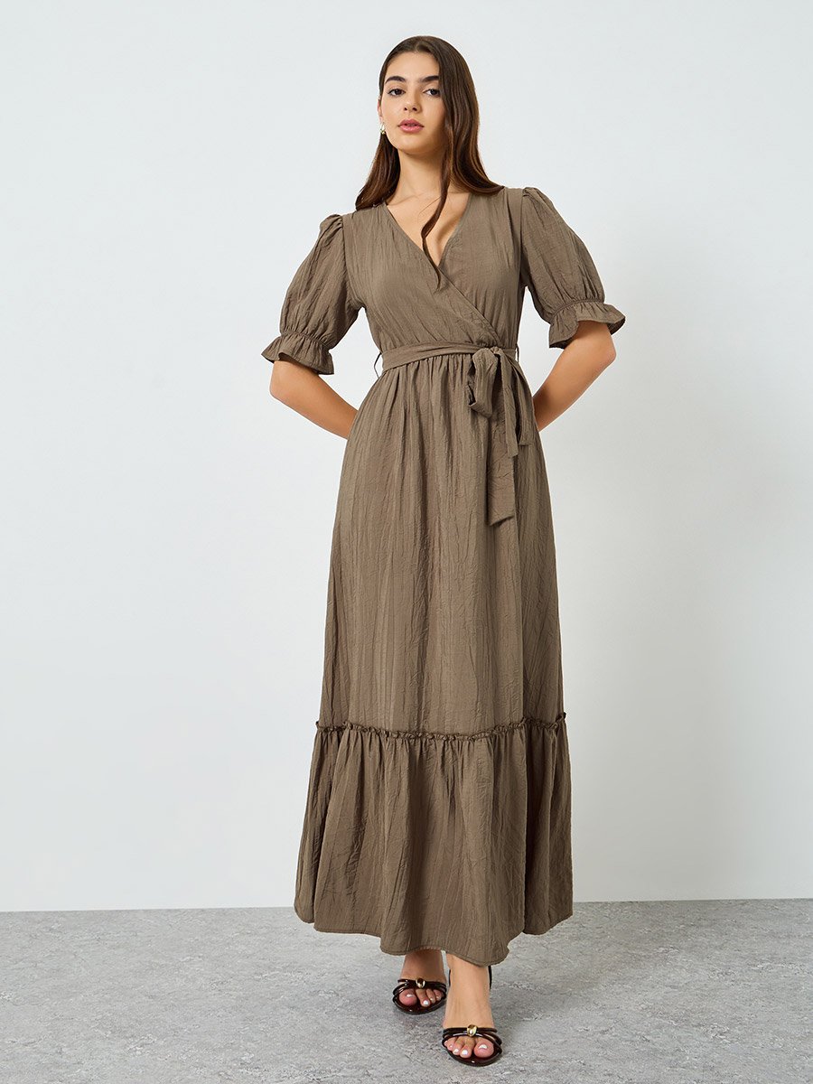 Women Brown Textured Tiered Maxi Dress 