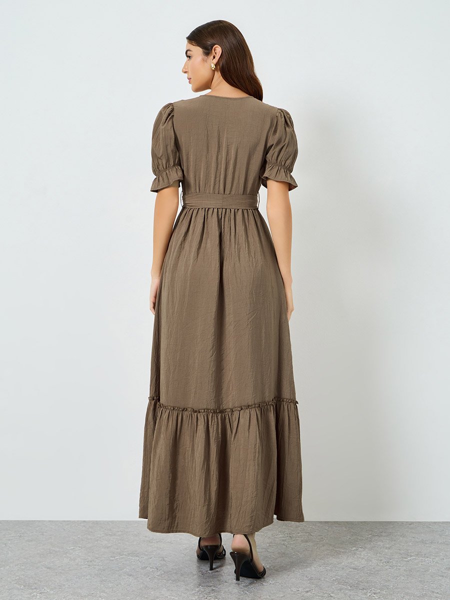 Women Brown Textured Tiered Maxi Dress 
