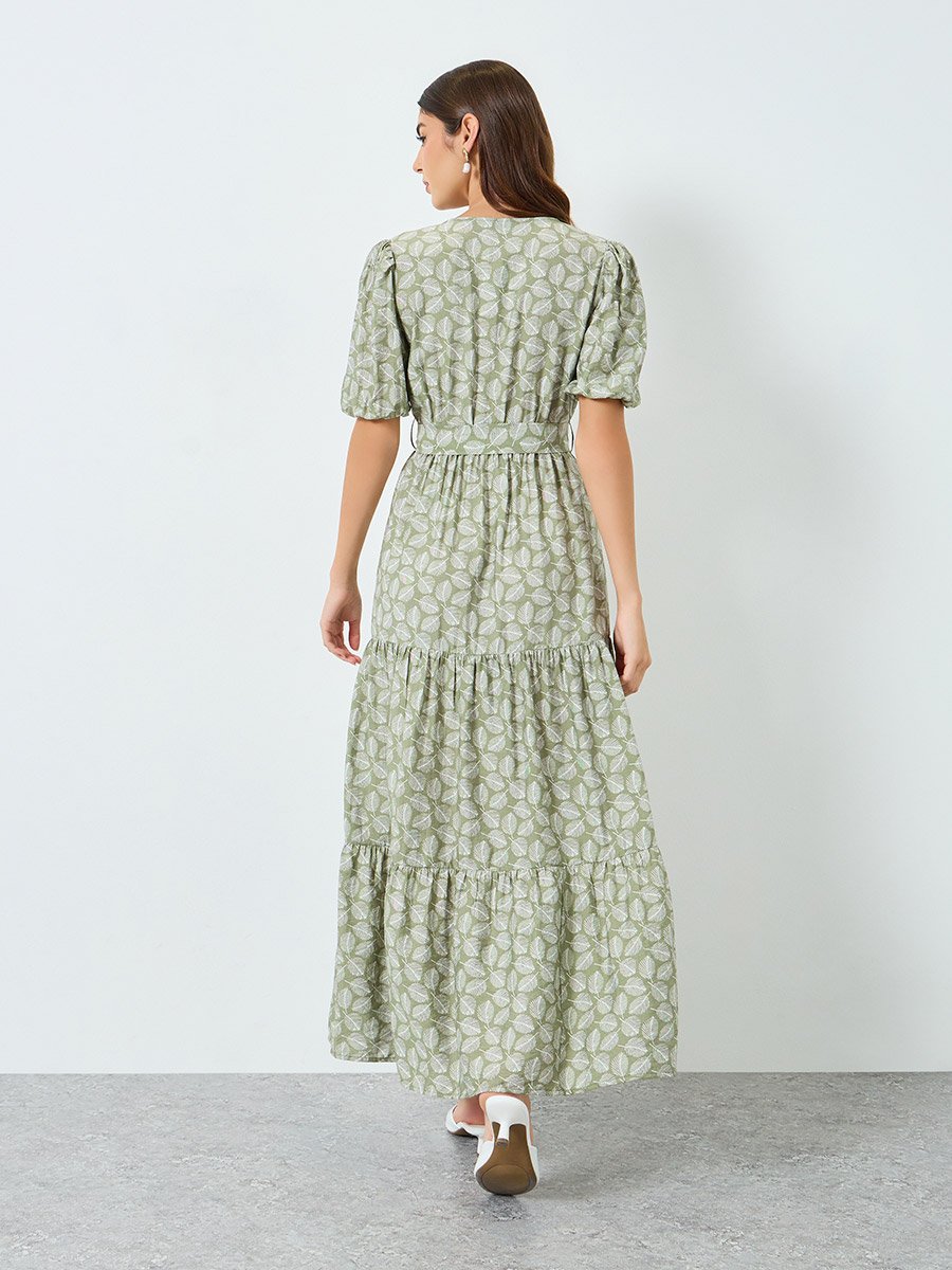 Women Green Leaf Print Wrap Maxi Dress