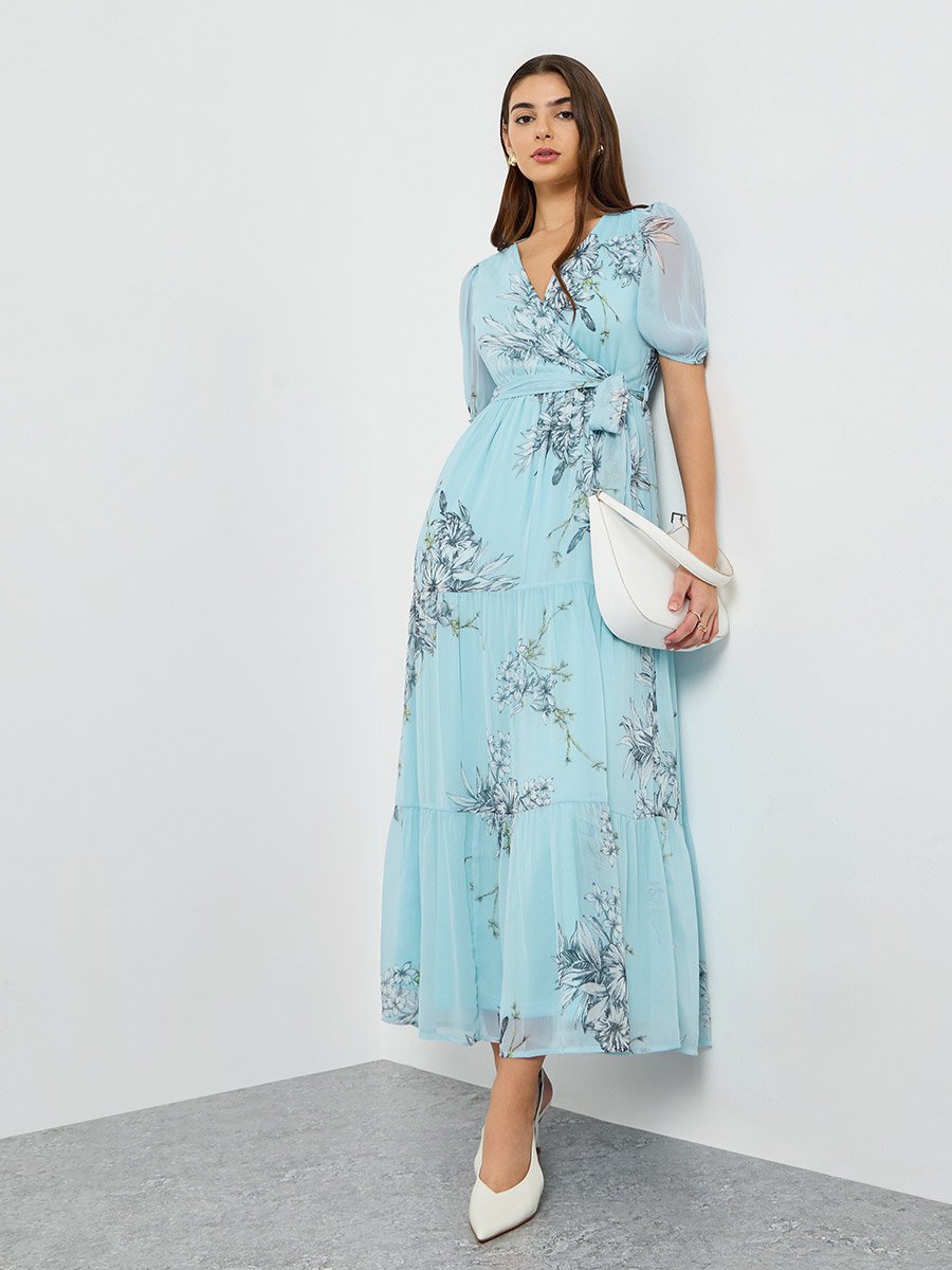 Women Floral Print Puff Sleeve Wrap Midi Dress 