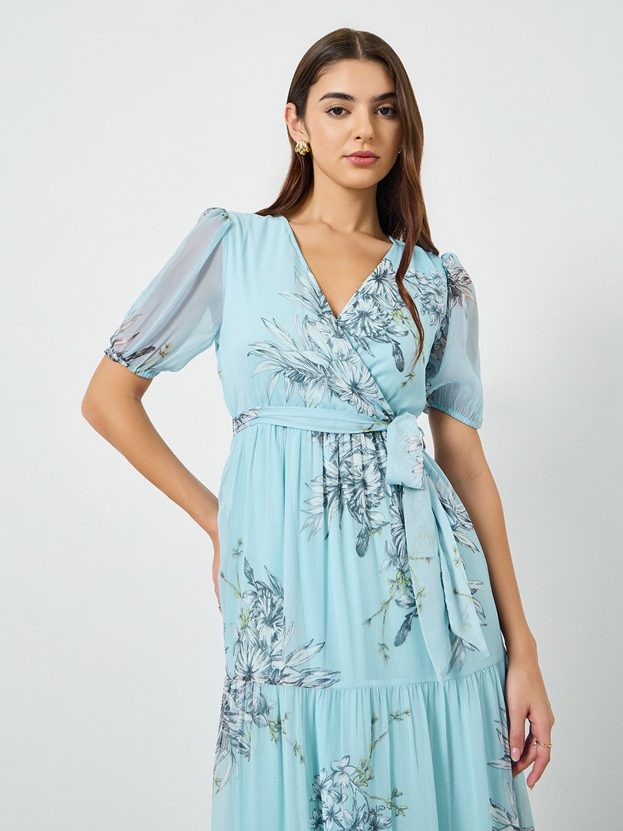 Women Floral Print Puff Sleeve Wrap Midi Dress 