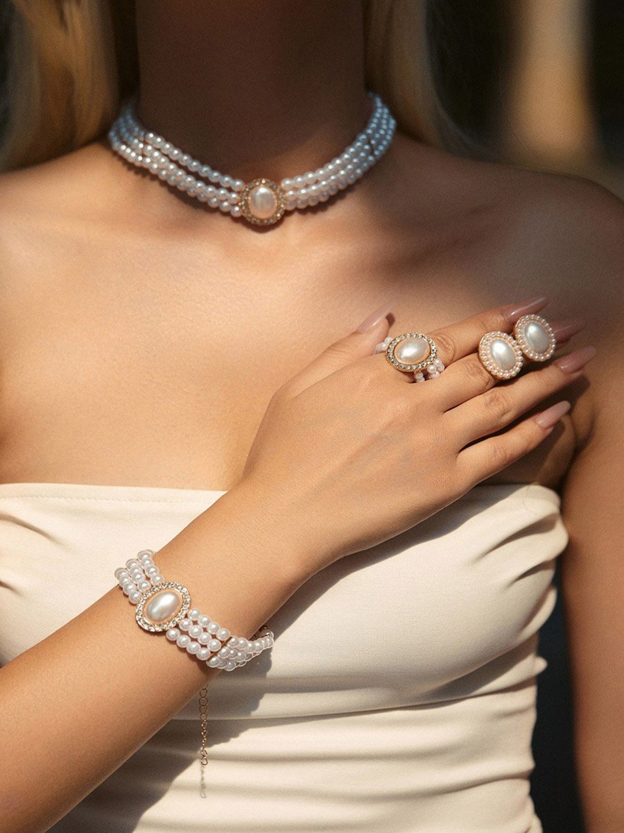 Pack of 4 - Faux Pearl Necklace with Bracelets and Earrings with Ring