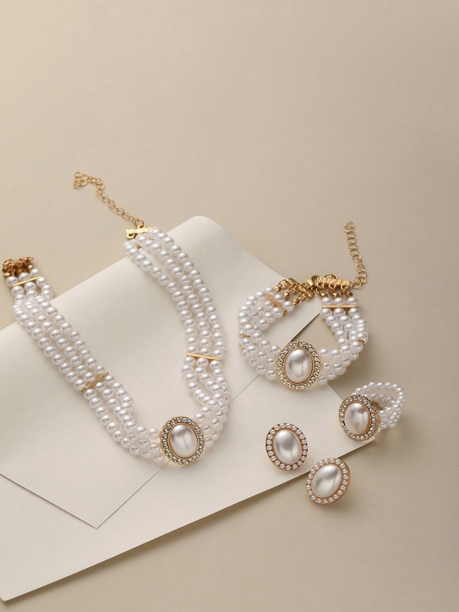 Pack of 4 - Faux Pearl Necklace with Bracelets and Earrings with Ring