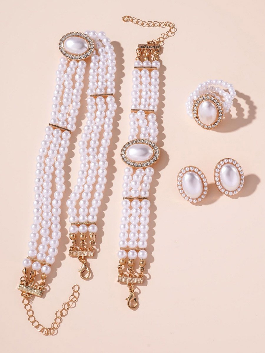 Pack of 4 - Faux Pearl Necklace with Bracelets and Earrings with Ring