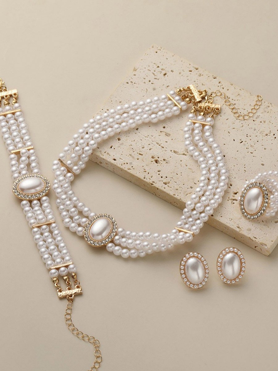 Pack of 4 - Faux Pearl Necklace with Bracelets and Earrings with Ring