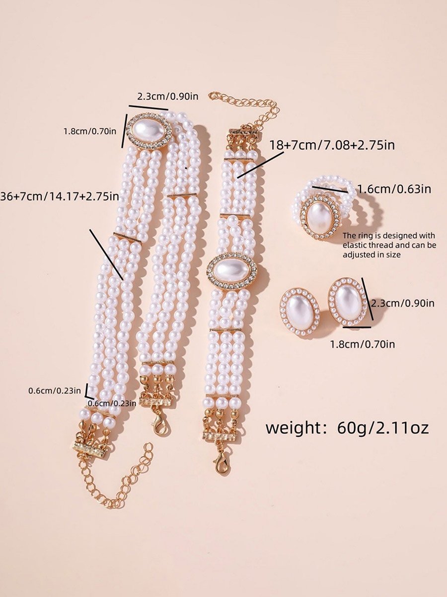 Pack of 4 - Faux Pearl Necklace with Bracelets and Earrings with Ring