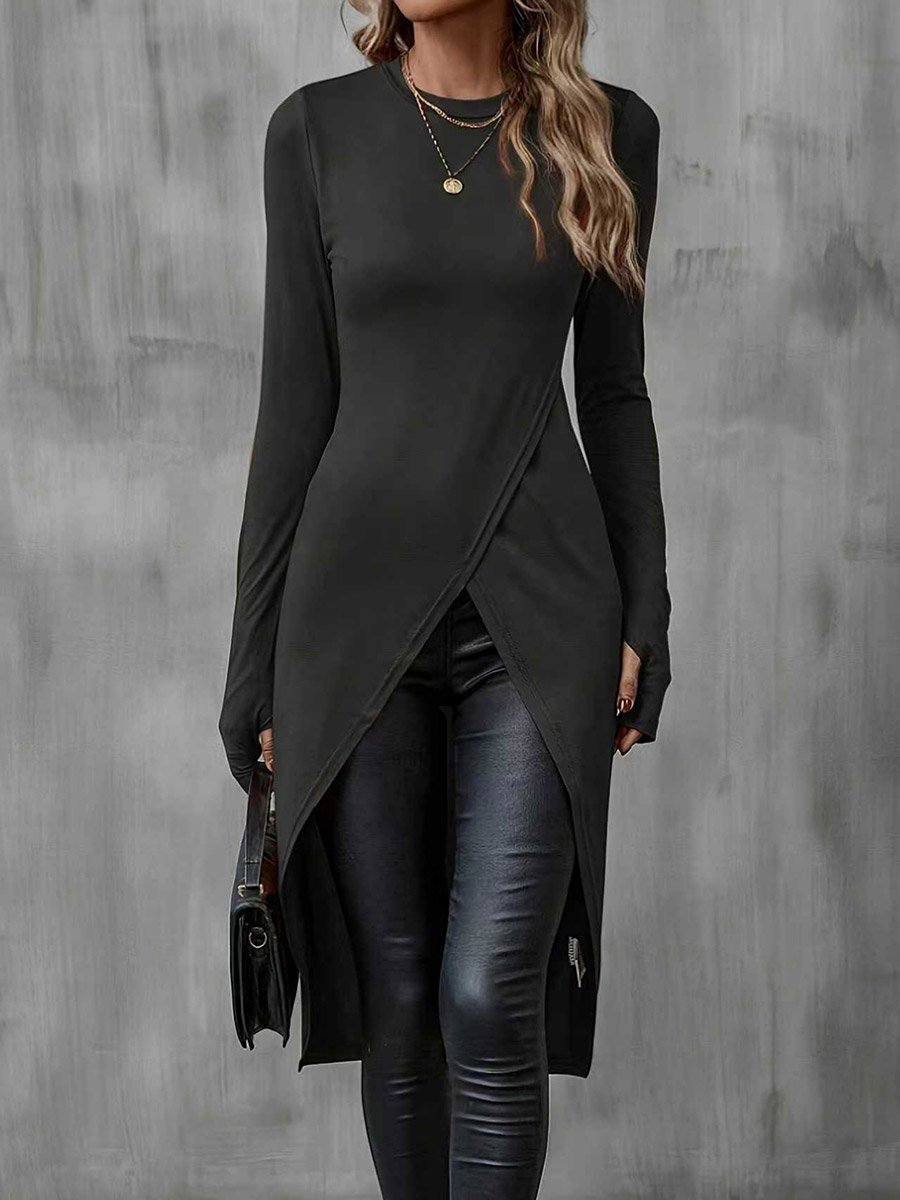 Women Black Long Sleeve Asymmetric Top