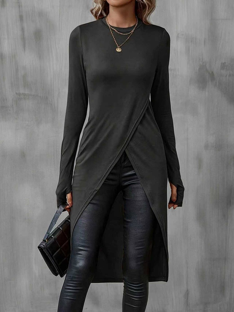 Women Black Long Sleeve Asymmetric Top