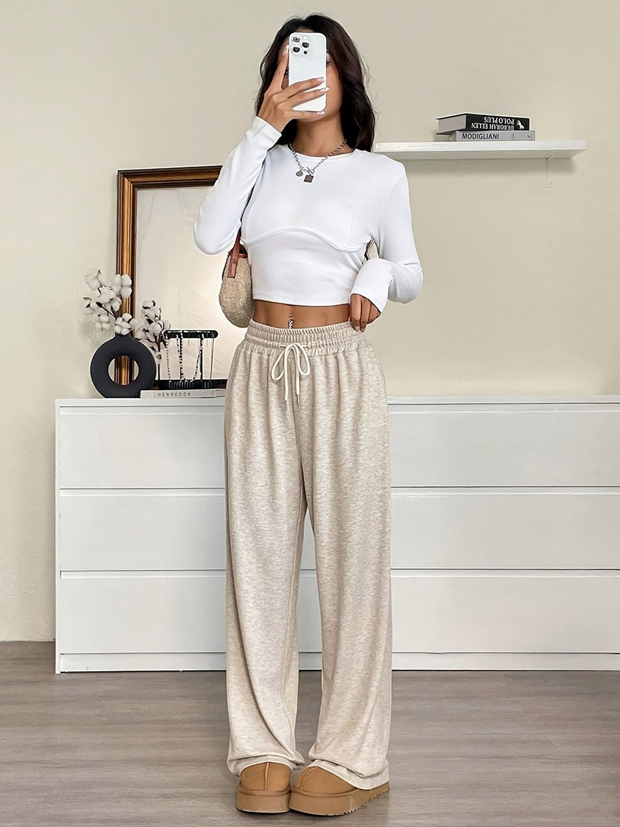 Women Drawstring Waist Wide Leg Pants