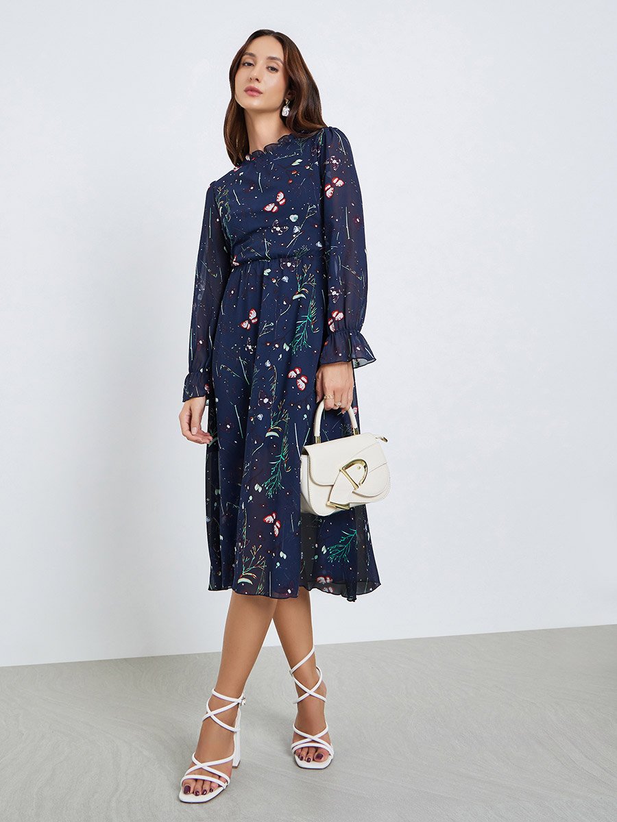 Women Floral Printed Round Neck Elastic Cuff Midi Dress