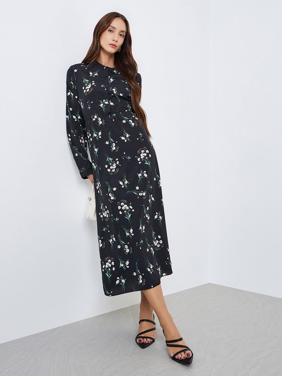 Women Floral Printed Button Front Midi Dress