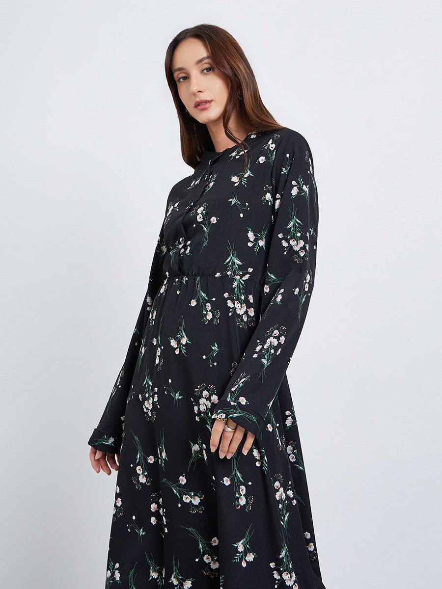Women Floral Printed Button Front Midi Dress