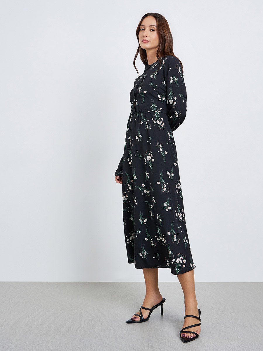 Women Floral Printed Button Front Midi Dress
