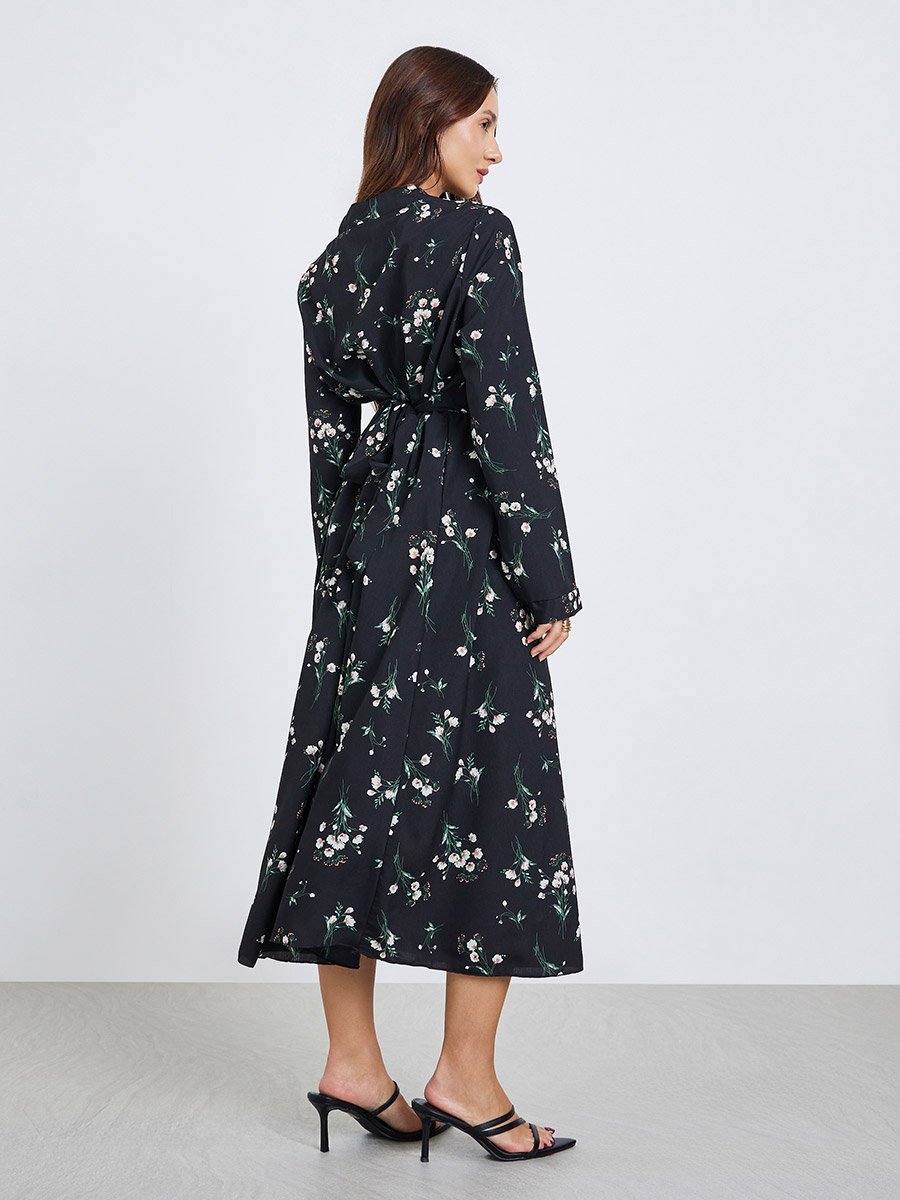 Women Floral Printed Button Front Midi Dress