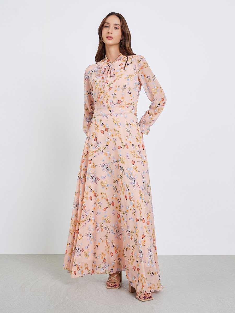 Women Floral Printed Tie-up Neck Elastic Cuff Maxi Dress
