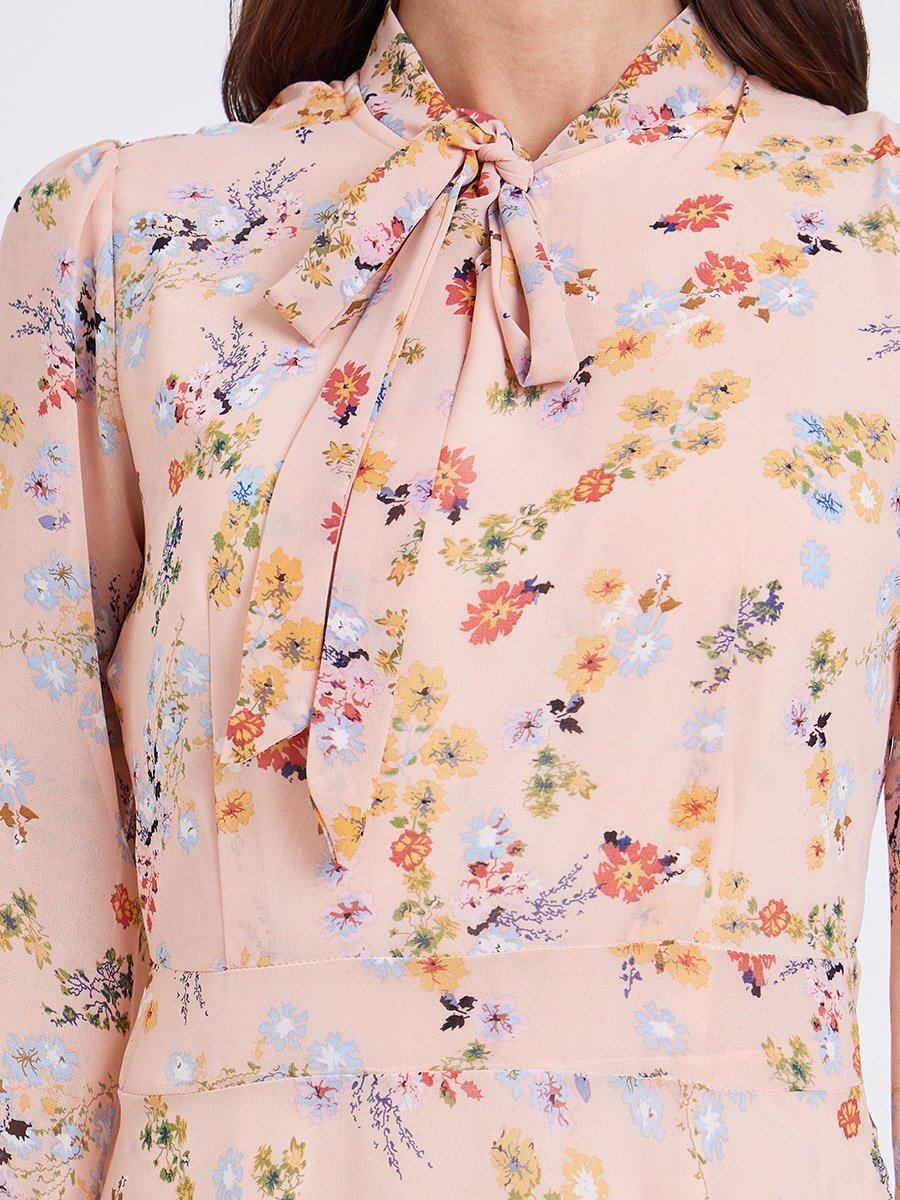 Women Floral Printed Tie-up Neck Elastic Cuff Maxi Dress