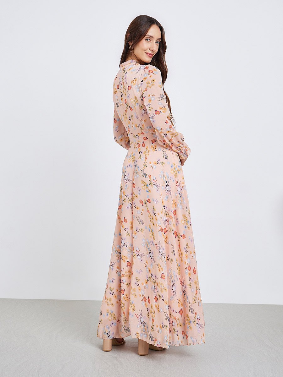 Women Floral Printed Tie-up Neck Elastic Cuff Maxi Dress