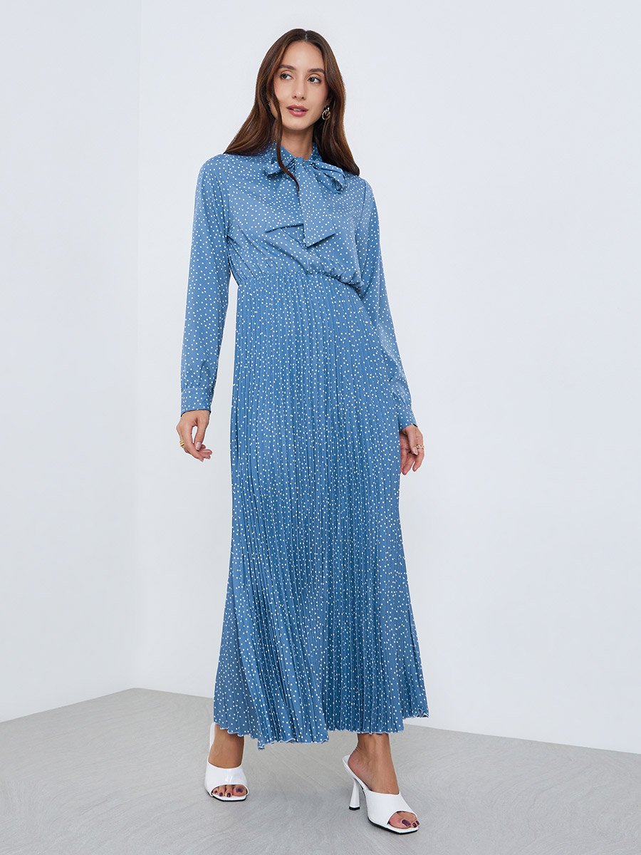 Women Blue Polka Dots Printed Pleated Maxi Dress