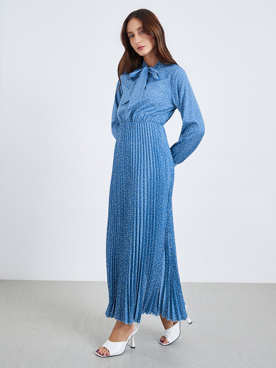 Women Blue Polka Dots Printed Pleated Maxi Dress