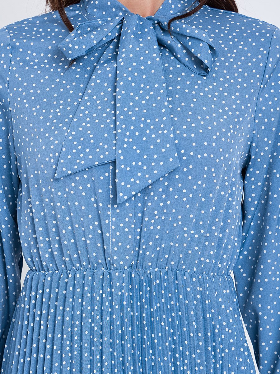 Women Blue Polka Dots Printed Pleated Maxi Dress
