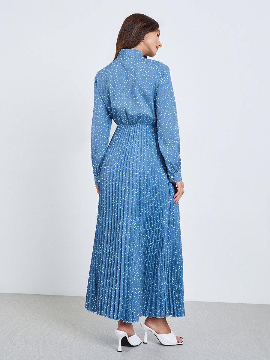 Women Blue Polka Dots Printed Pleated Maxi Dress