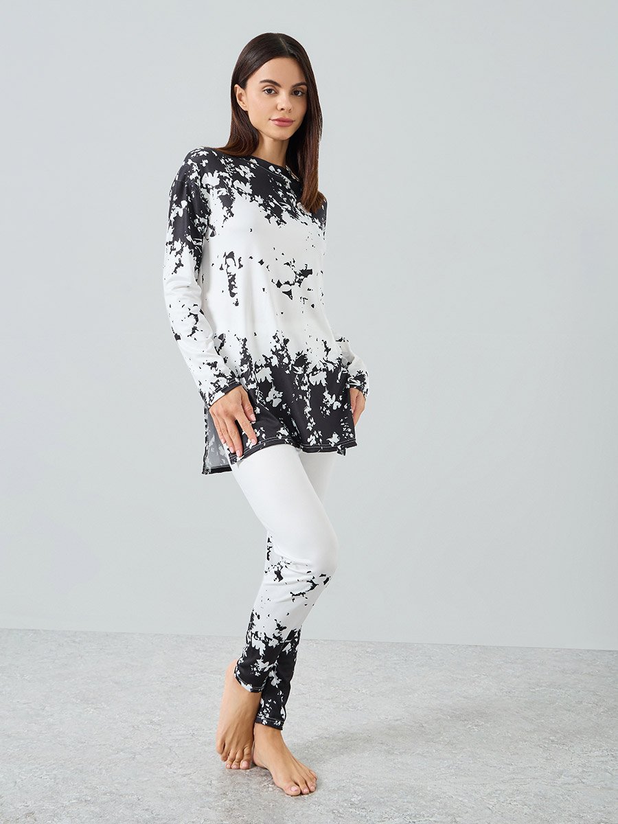 Women Printed Long Sleeve Split Hem Top and Pyjama Set