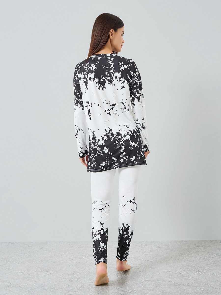 Women Printed Long Sleeve Split Hem Top and Pyjama Set