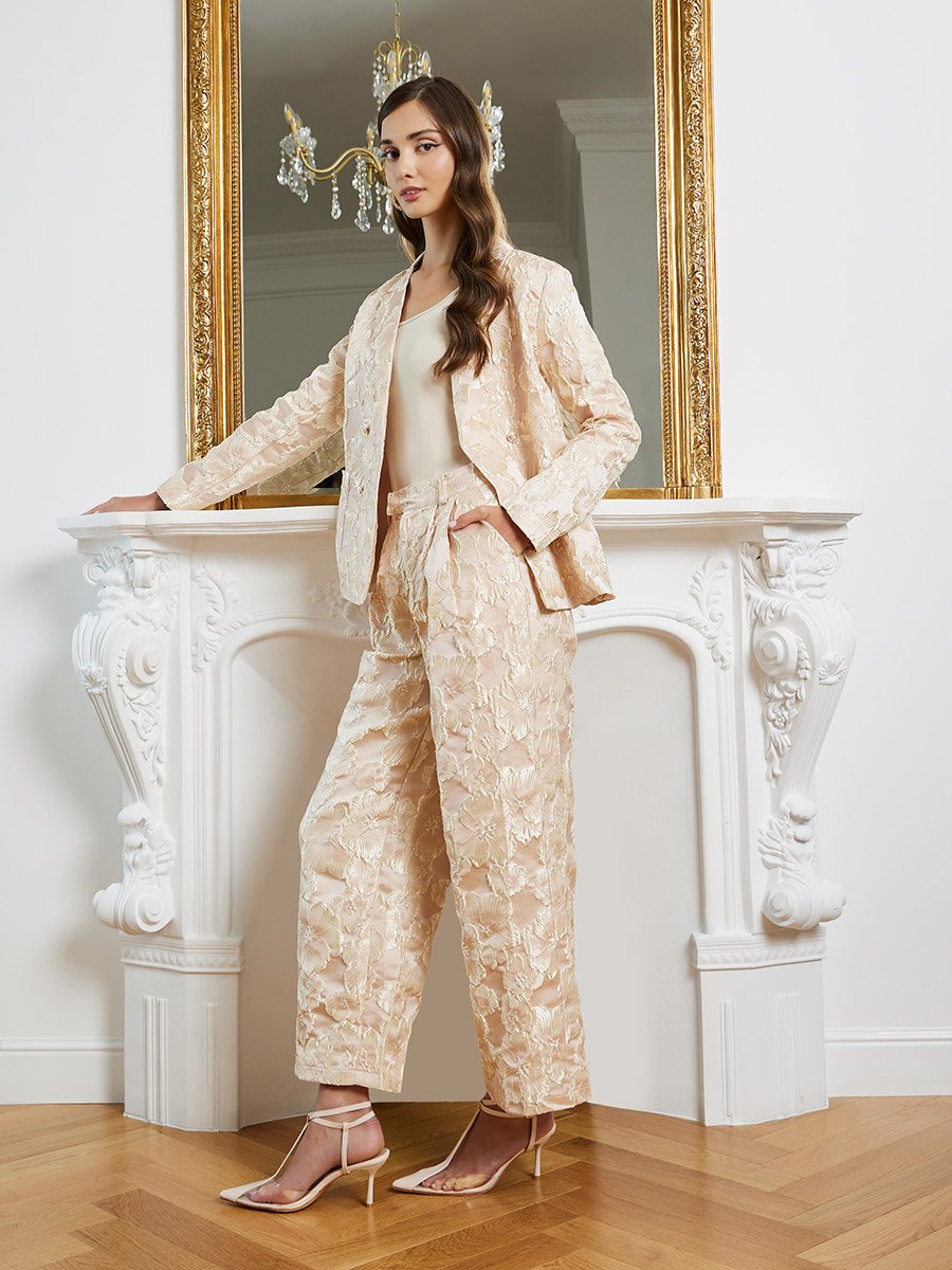 Women Beige Jacquard Wide Leg Trousers