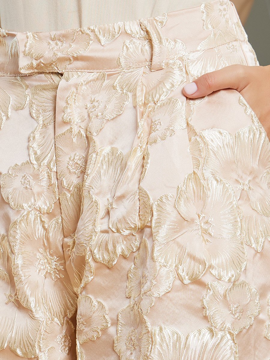 Women Beige Jacquard Wide Leg Trousers