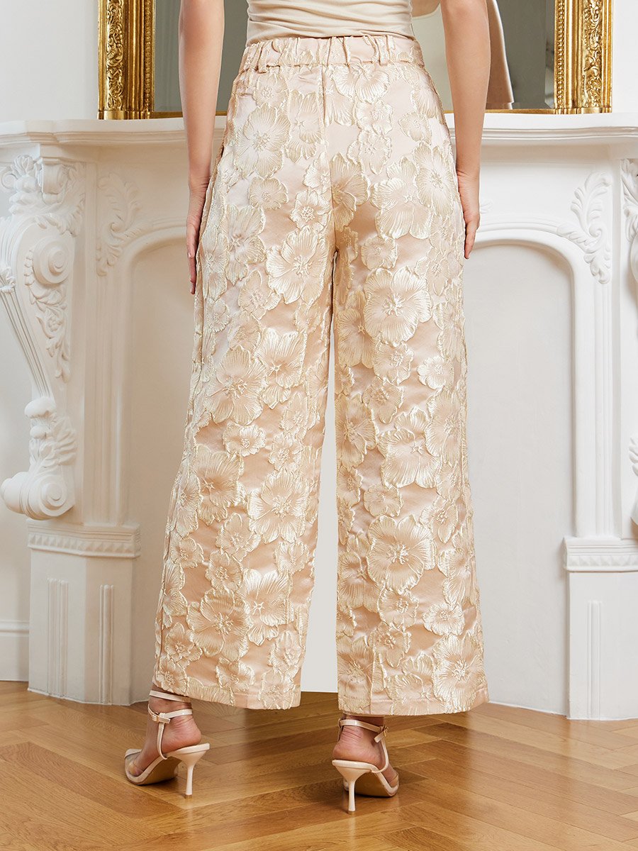 Women Beige Jacquard Wide Leg Trousers