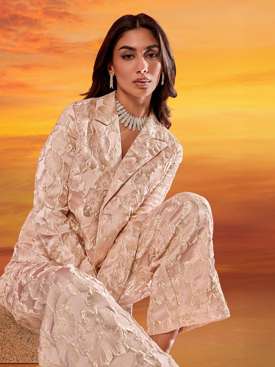 Women Beige Jacquard Wide Leg Trousers