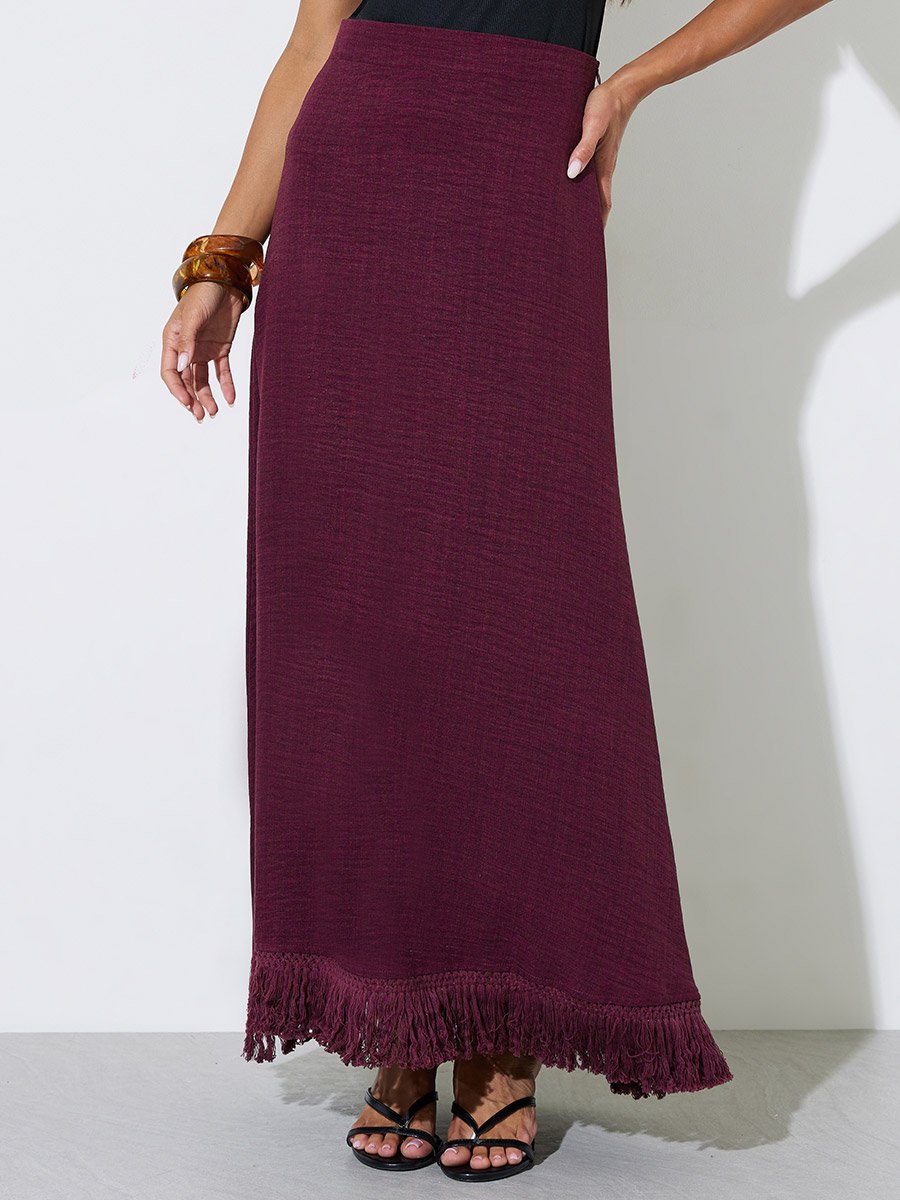 Women Burgundy A-Line Maxi Skirt with Fringe Hem